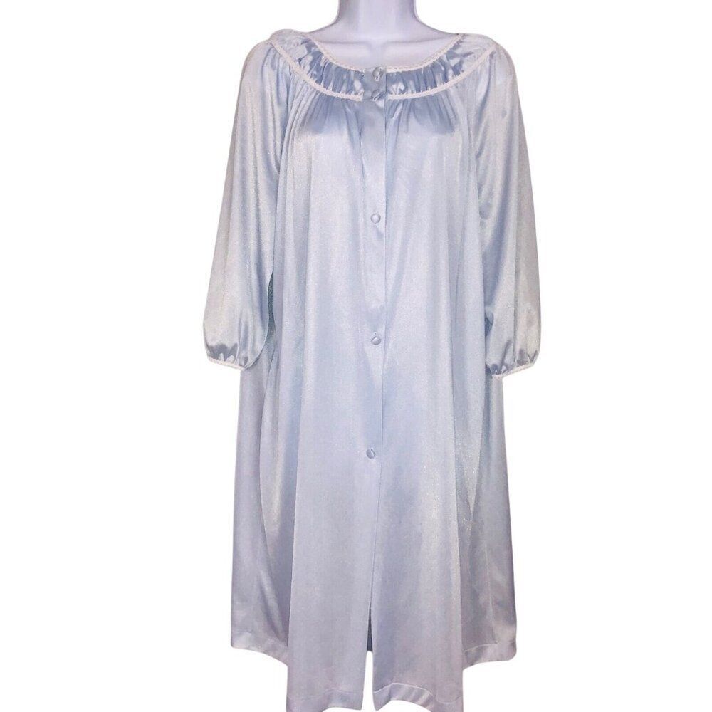 Vintage Lorraine Womens Robe M Blue 3/4 Sleeve Front Button Nylon